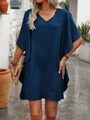 Detail of dark blue V-neck dress with butterfly sleeves and cotton linen texture - Navy Blue