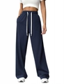 Detail of high waist wide leg navy sweatpants featuring a white contrast drawstring waist - Navy Blue