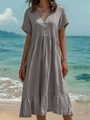 Robe midi grise à manches courtes, col en V, taille froncée et ourlet volanté pour l'été - Gris