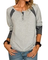 Damen Langarm Henley T-Shirt in Grau mit gestreiften Raglanärmeln und Knopfleiste - S / Grau