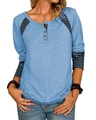 Women's light blue Henley long sleeve shirt with striped raglan sleeves and button neckline - Light Blue