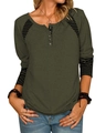 Damen Henley Langarmshirt in Olivgrün mit gestreiften Raglanärmeln und Knopfleiste am Ausschnitt - S / Armeegrün