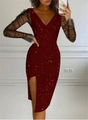 Sparkly V-neck rhinestone party dress in burgundy with sheer black sequined mesh sleeves - S / Burgundy