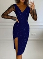 Sparkly dark blue V-neck bodycon dress with sheer mesh sleeves and high side slit detail - S / Dark Blue