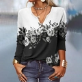 Women's V-neck long sleeve top with rose print and black to white gradient effect - S / Black