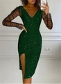 Detail of V-neck dark green sequin dress with sheer black mesh sleeves and side slit - S / Dark Green