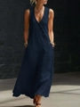 Robe longue bleu marine sans manches avec col en V en coton et lin à boutons - S / Bleu marine
