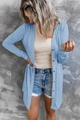Detail of light blue button-up long cardigan showing wood buttons and textured fabric - Sky Blue