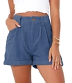 Dettaglio dei pantaloncini a vita alta in velluto a coste blu con bottone e tasche laterali - S / Blu