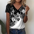 Detail of V-neck floral t-shirt featuring black and white gradient flower patterns - Black & White