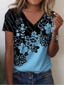Women's V-neck short sleeve T-shirt with blue floral print and black color-block design - S / Blue