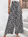 Pantalon fleuri taille haute à coupe large et fluide idéal pour les vacances d'été - Noir