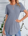 Detail of haze blue rib-knit T-shirt showing the elegant curved hemline on a model - S / Gray