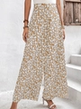 Nahaufnahme der gelben hoch taillierten Weitbein-Hose mit entspanntem Blumenmuster - S / Khaki