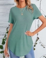 Detail of light green ribbed short sleeve t-shirt with curved hem and back buttons - S / Green