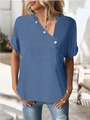 Women V-neck short sleeve top in lake blue with decorative buttons and linen texture - S / Blue