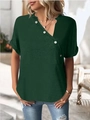 Detail of dark green V-neck top showing diagonal button design and linen texture - S / Green