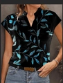 Women's V-neck short sleeve T-shirt with blue tropical leaf print on black fabric - S / Black