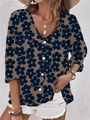 Women's V-neck button-down chiffon blouse with large navy floral print on camel background - Navy Blue
