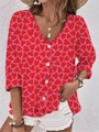 Women's V-neck long sleeve chiffon cardigan with red heart print and button front - Red