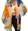 Detailed shot of women long-sleeve cardigan featuring colorful abstract oil painting prints - S / Tops / Orange