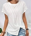 Women's casual white short sleeve T-shirt with textured jacquard and front knot detail - S / White