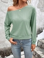 Sage green off-shoulder long sleeve knit top with geometric hollow texture and ribbed hem - S / Malachite green
