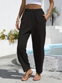 Women's black high-waisted cotton linen trousers with elastic waist and side pockets - S / Black