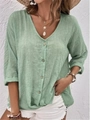 Women's casual grass green V-neck button-up long sleeve chiffon blouse in holiday style - S / Green