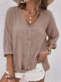 Women's brown V-neck button-down long sleeve casual shirt in textured linen blend - S / Pink