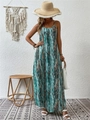 Bohemian spaghetti strap maxi dress with mint green abstract prints for beach vacations - Teal