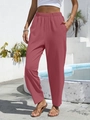 Women's high waist cotton linen casual pants with pockets in dusty rose pink color - S / Rouge Red