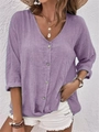 Women's casual V-neck lavender long sleeve shirt with button details in linen texture - S / Purple