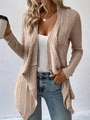 Detail of light beige knit cardigan featuring ribbed texture and irregular draped hemline - S / Khaki