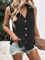 Women's summer black sleeveless V-neck chiffon shirt with classic button-down front - S / Black