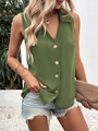 Women's summer V-neck sleeveless chiffon top in army green with button front detail - S / Army Green