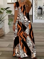 Women's V-neck maxi dress with leopard and tiger print patchwork in black and orange - Leopard Orange