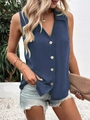 Women's dark blue sleeveless V-neck chiffon shirt with decorative light buttons - Dark Blue