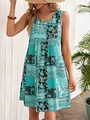 Ärmelloses A-Linien Sommerkleid mit cyanfarbenem Blumenmuster für den Urlaub - S / Himmelblau