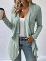 Sage green long sleeve open front knit cardigan with ribbed texture and wavy hem - S / Sea Green