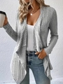 Women's casual grey long sleeve ribbed knit cardigan with a stylish draped open front - S / Gray