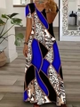 Detail shot of boho V-neck maxi dress featuring geometric blue and leopard prints - Blue