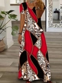 Damen V-Ausschnitt Maxikleid mit geometrischem Muster in Rot, Schwarz und Leopard - S / Burgunderrot