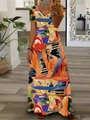 Detail eines Maxikleides mit V-Ausschnitt, Kurzarm und buntem abstraktem Kunstdruck - S / Orangerot