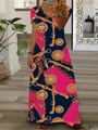 Detail des V-Ausschnitt Maxikleid mit luxuriösem Goldkettenprint und Marine-Pink Kontrast - S / Rosarot