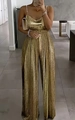 Elegant champagne gold metallic pleated jumpsuit with beaded straps and wide leg cut - S / Gold
