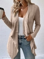 Women's casual long sleeve ribbed knit cardigan in light brown with open front design - S / Khaki