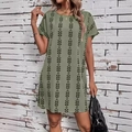 Casual groene mini-jurk voor dames met vleermuismouwen en ronde halslijn print - S / Legergroen