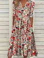 Elegant red floral V-neck A-line dress with half sleeves and practical side pockets - S / Pink