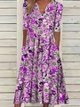 Elegant purple floral print V-neck midi dress with mid-sleeves and side pockets - S / Purple